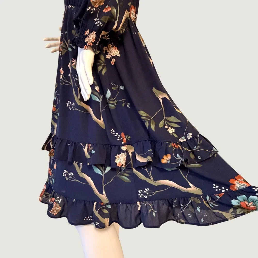 Nanette Lepore Womens Navy Blue Floral V-Neck Tiered Ruffle Midi Dress Size 10